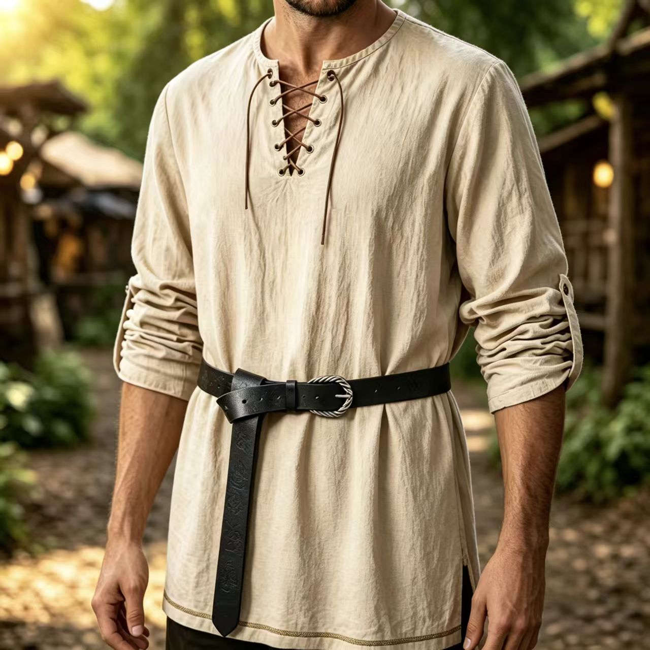 Summer Viking Clothing - Camisa Masculina Medieval de Linho com