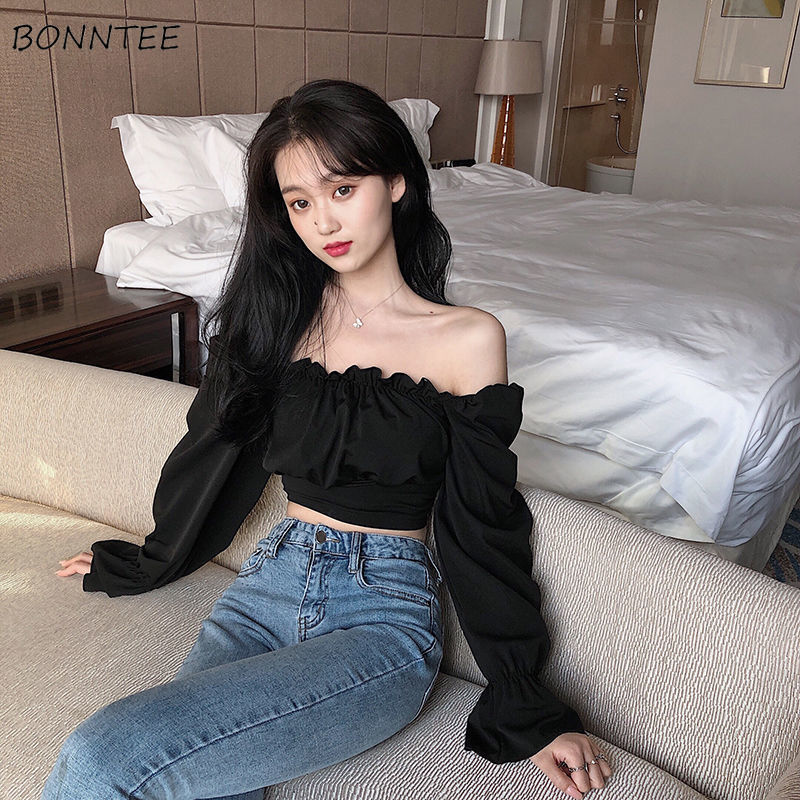 Crop Blouse Linen - Blusas femininas preto puff manga sexy