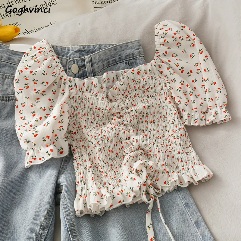 Crop Blouse Linen - Cordões florais babados blusas para mulheres,
