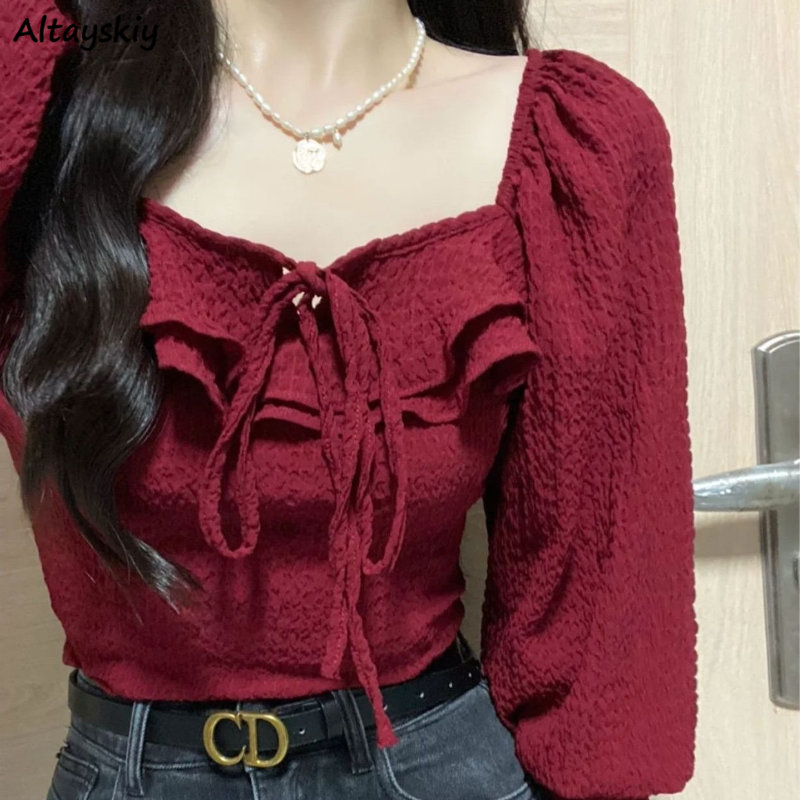 Crop Blouse Linen - Blusas vermelhas rendas até casual vintage