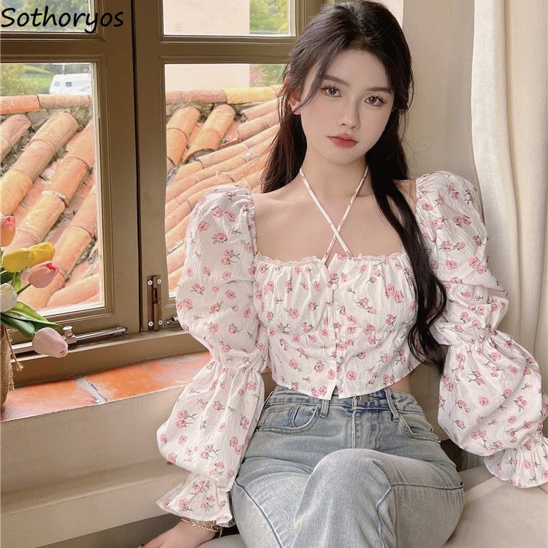 Crop Blouse Linen - Blusa floral de manga folhada para